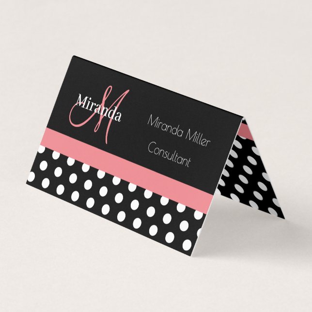 Pink Black White Polka Dot Monogram Square Busines Business Card (Front)