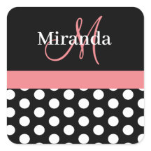 Pink Black White Polka Dot Monogram Square Sticker
