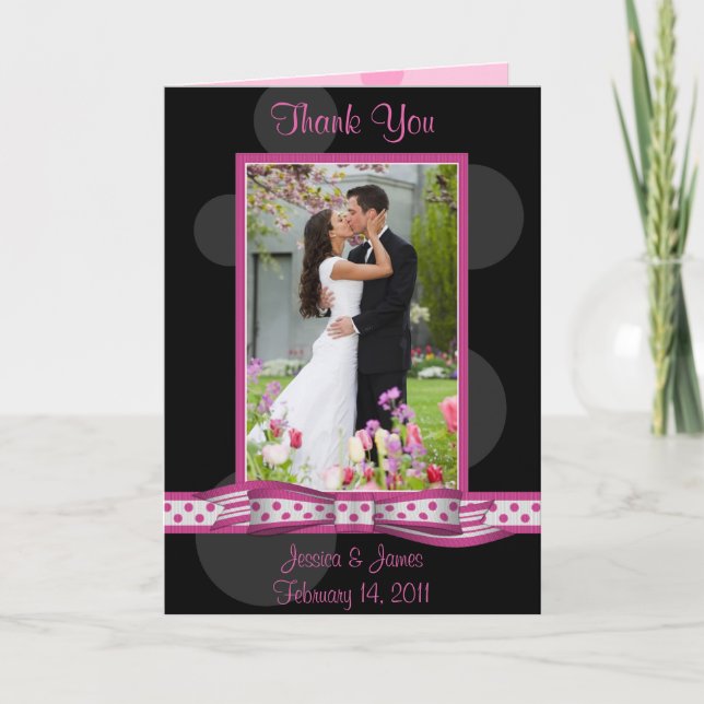 Pink Black White Polka Dot Wedding Photo Thank You Card (Front)