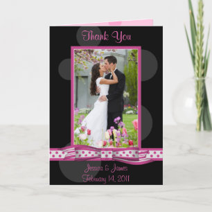 Pink Black White Polka Dot Wedding Photo Thank You Card
