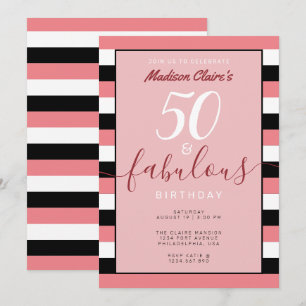 Pink Black White Stripe 50 & Fabulous Birthday Invitation