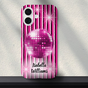 Pink Black White Stripe Disco Ball Sparkle Name iPhone 16 Case