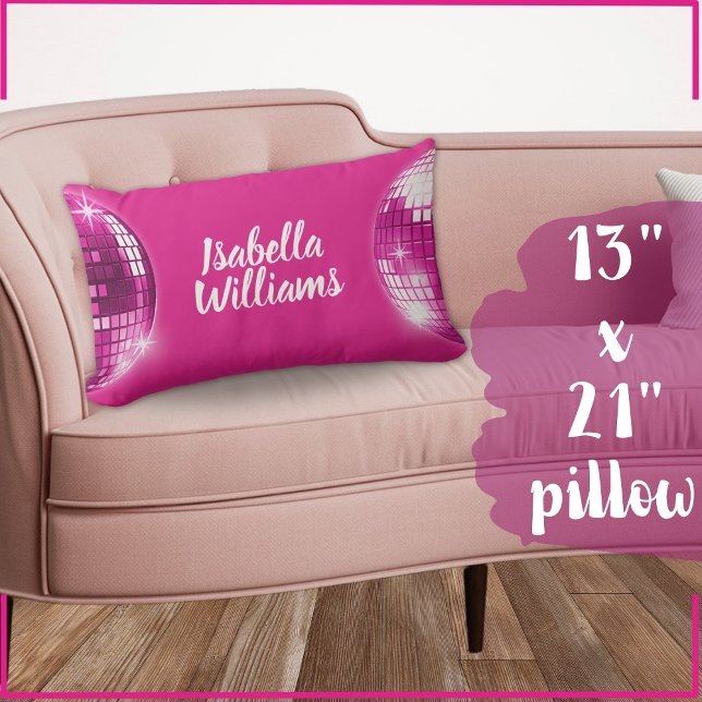 Pink Black White Stripe Disco Ball Sparkle Name Lumbar Cushion (Creator Uploaded)