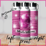 Pink Black White Stripe Disco Ball Sparkle Name Water Bottle<br><div class="desc">This gal has no fear of PINK! And she isn't afraid to show it off! This is a fun and bright pink water bottle with a background of black and white stripes and a huge sparkling disco ball in the foreground. It shines and glimmers, just like the personality of the...</div>