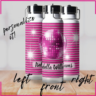 Pink Black White Stripe Disco Ball Sparkle Name Water Bottle