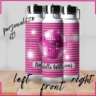 Pink Black White Stripe Disco Ball Sparkle Name Water Bottle