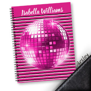 Pink Black White Stripe Disco Ball Spiral Notebook
