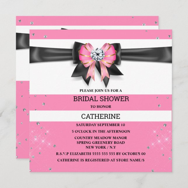 Pink black white stripe glitter bow sparkle invitation (Front/Back)