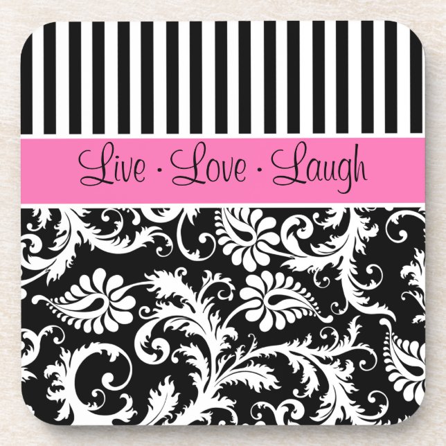 Pink, Black, White Striped Damask Coaster Set (6) (Front)