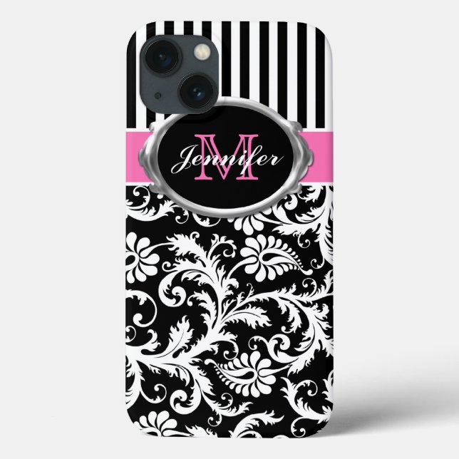 Pink, Black, White Striped Damask iPad Air Case (Back)