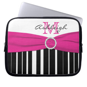 Pink Black White Striped FAUX Ribbon Laptop Sleeve