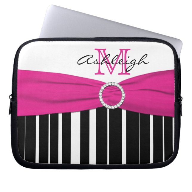 Pink Black White Striped FAUX Ribbon Laptop Sleeve (Front)