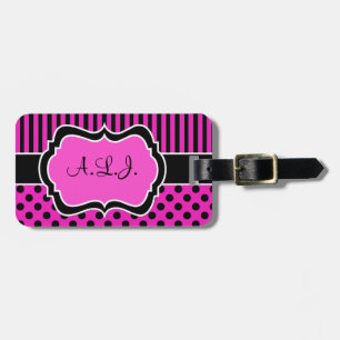 Pink, Black, White Striped Polk Dots Luggage Tag