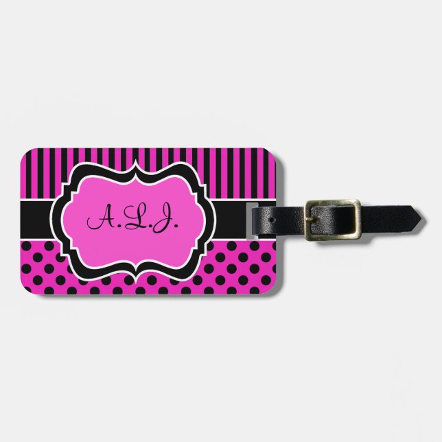 Pink, Black, White Striped Polk Dots Luggage Tag (Front Horizontal)