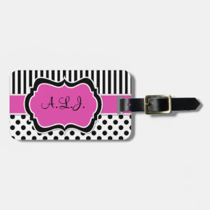 Pink, Black, White Striped Polka Dots Luggage Tag