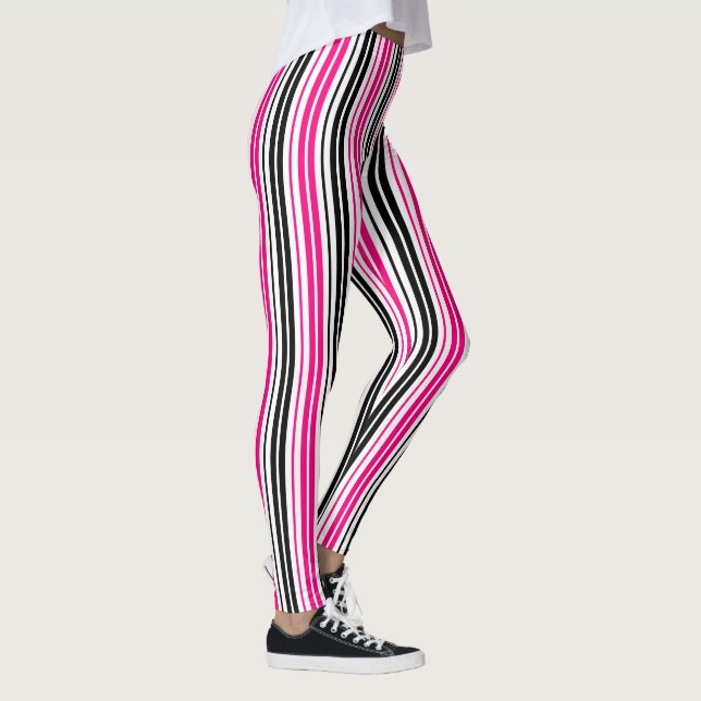Pink Black White Stripes Pattern Design  Leggings (Right)