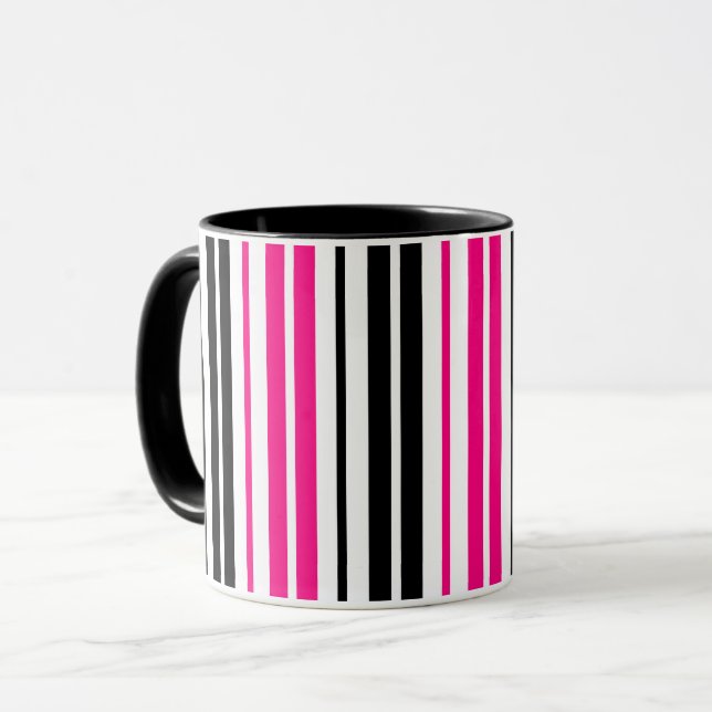 Pink Black White Stripes Pattern Design  Mug (Front Left)