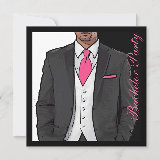 Pink black white tuxedo bachelor party invitations (Front)