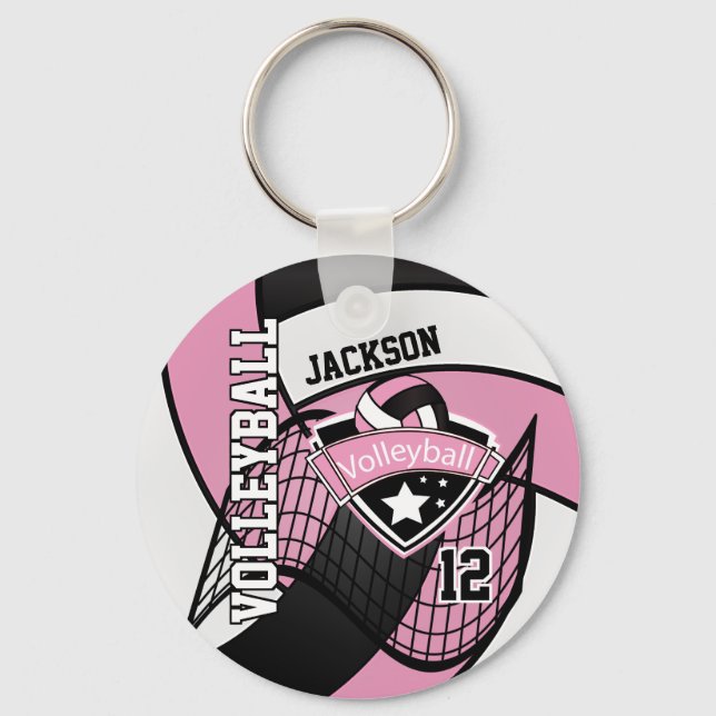 Pink, Black & White Volleyball 🏐 Design Key Ring (Front)