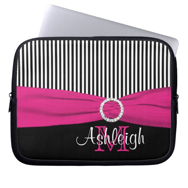 Pink Black White with FAUX Ribbon Laptop Sleeve (Front)