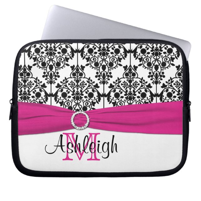 Pink Black White with FAUX Ribbon Laptop Sleeve (Front)