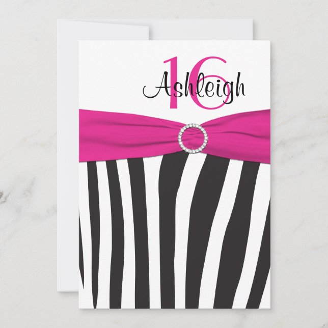 Pink, Black, White Zebra 16th Birthday Invitation (Front)
