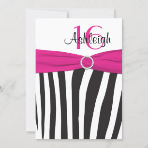 Pink, Black, White Zebra 16th Birthday Invitation