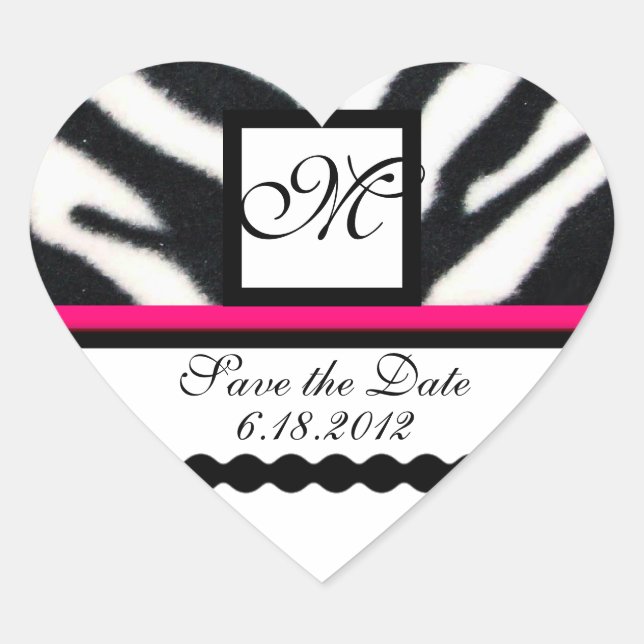 PINK BLACK WHITE ZEBRA FUR MONOGRAM ,Save The Date Heart Sticker (Front)