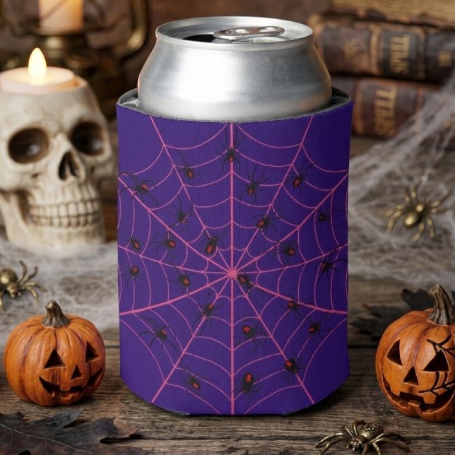 Pink Black Widow Spider Web Art Halloween Pattern Can Cooler (Creator Uploaded)