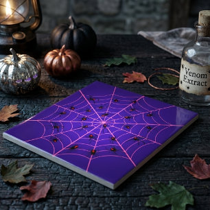 Pink Black Widow Spider Web Art Halloween Pattern Ceramic Tile