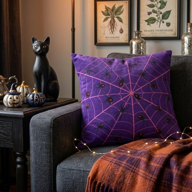 Pink Black Widow Spider Web Art Halloween Pattern Cushion (Creator Uploaded)