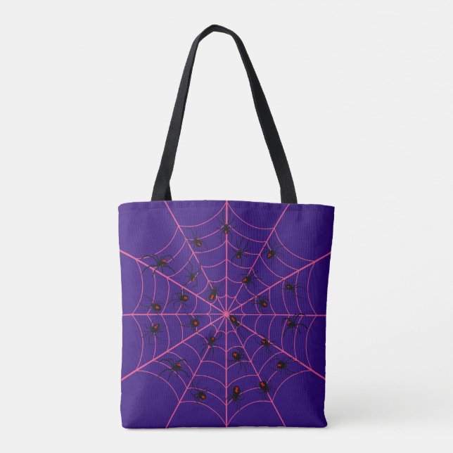 Pink Black Widow Spider Web Art Halloween Pattern Tote Bag (Back)