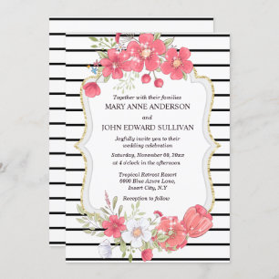 Pink black wildflower watercolor country wedding  invitation