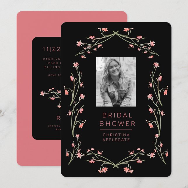  Pink & Black Wildflowers Photo Bridal Shower Invitation (Front/Back)