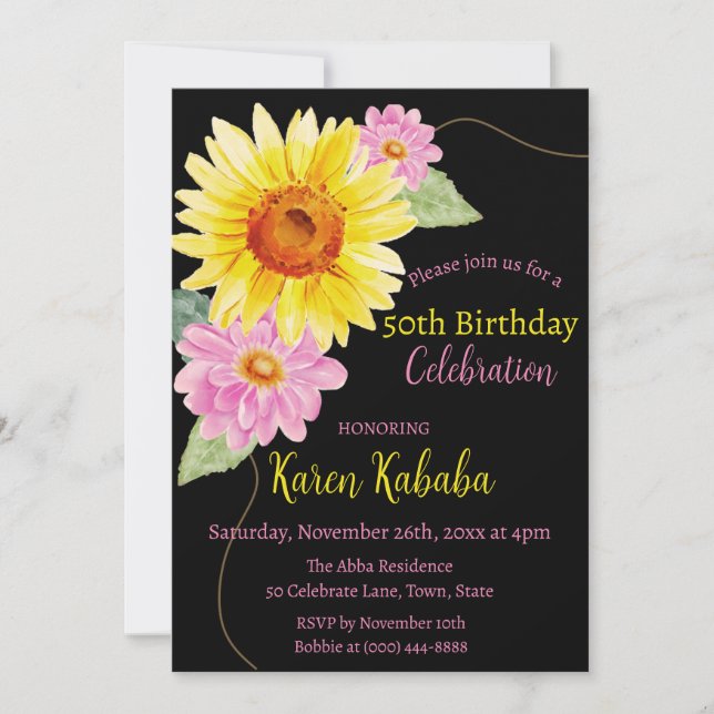 Pink Black Yellow Sunflower Daisy Floral Birthday Invitation (Front)