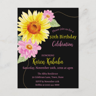 Pink Black Yellow Sunflower Modern Flower Birthday Postcard