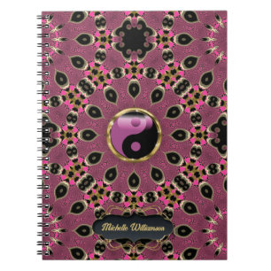 Pink Black Yin Yang Peacock Mandala Custom Notebook