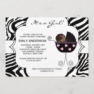 Pink Black Zebra Baby Girl Shower Invitations