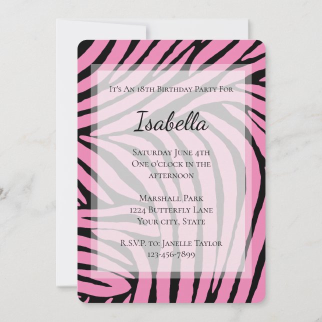 Pink Black Zebra Birthday Invitation (Back)