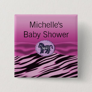 Pink & Black Zebra Glitter Baby Shower 15 Cm Square Badge