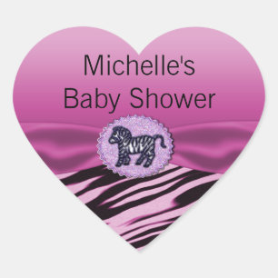 Pink & Black Zebra Glitter Baby Shower Heart Sticker