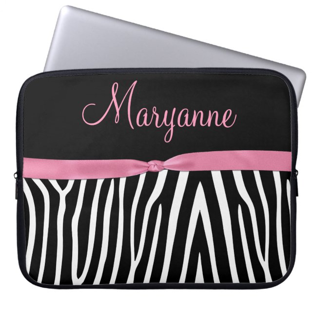 Pink Black Zebra Pink Ribbon Monogram Laptop Sleeve (Front)