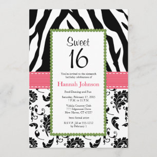 Pink Black Zebra Print Sweet Sixteen Invitation
