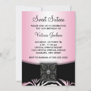 Pink & Black Zebra Sweet Sixteen Party Invitation