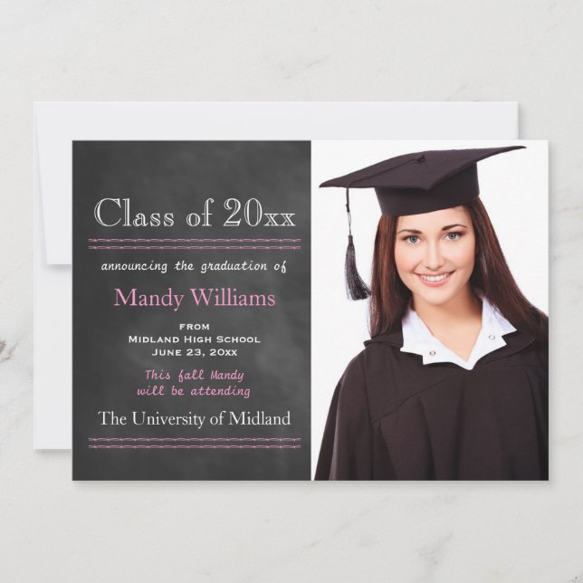 Pink Blackboard Photo Graduation Announcement (Front)