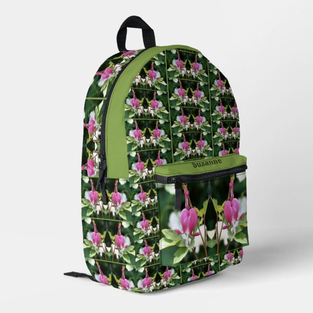 Pink Bleeding Heart Flower Mirror Personalised Printed Backpack (Back Corner Left)