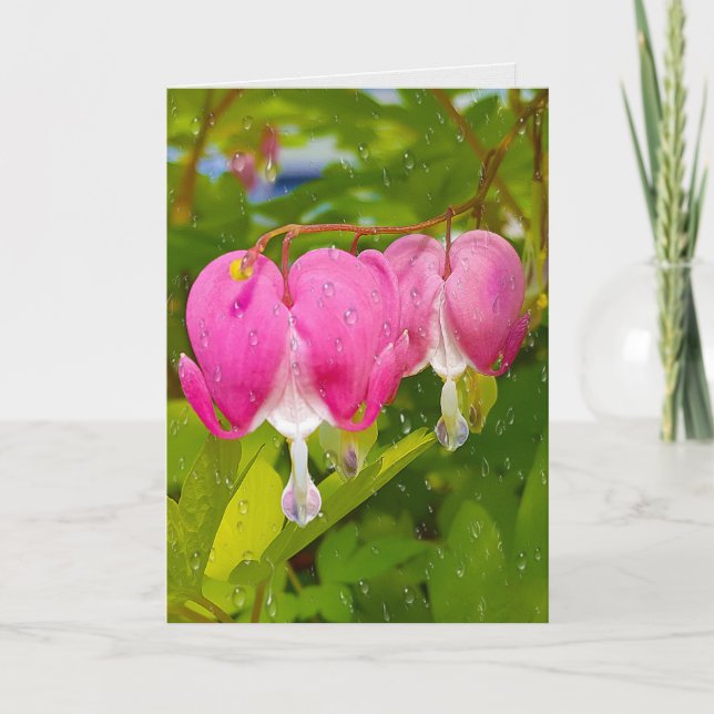 Pink Bleeding Hearts With Raindrops Card (Front)