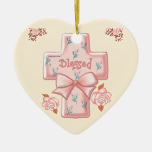 Pink Blessed Christian Cross heart ornament