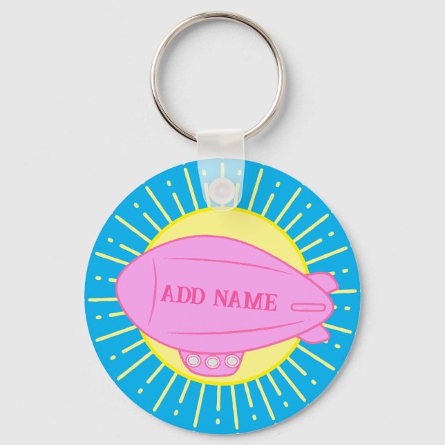 Pink Blimp Balloon Blue Sky Custom Key Ring (Back)