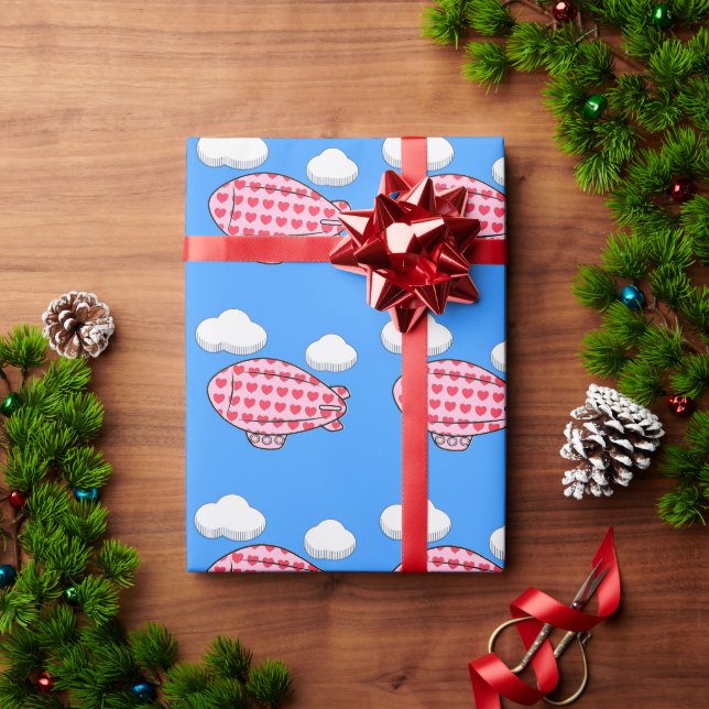 Pink Blimp Balloon Red Heart White Clouds Custom Wrapping Paper (Holiday Gift)